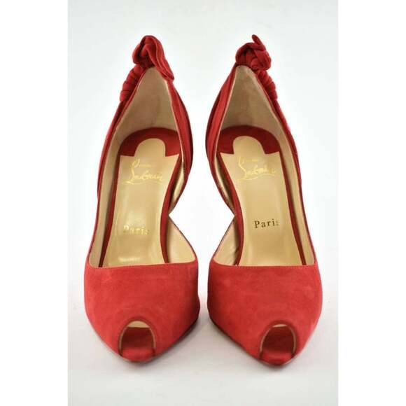 Christian Louboutin Barbara 100 Oeillet Red Suede Peep Toe Bow Heel Pump 39.5 - Picture 4 of 9